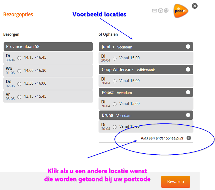 Pakje gemak afhaal locatie kiezen